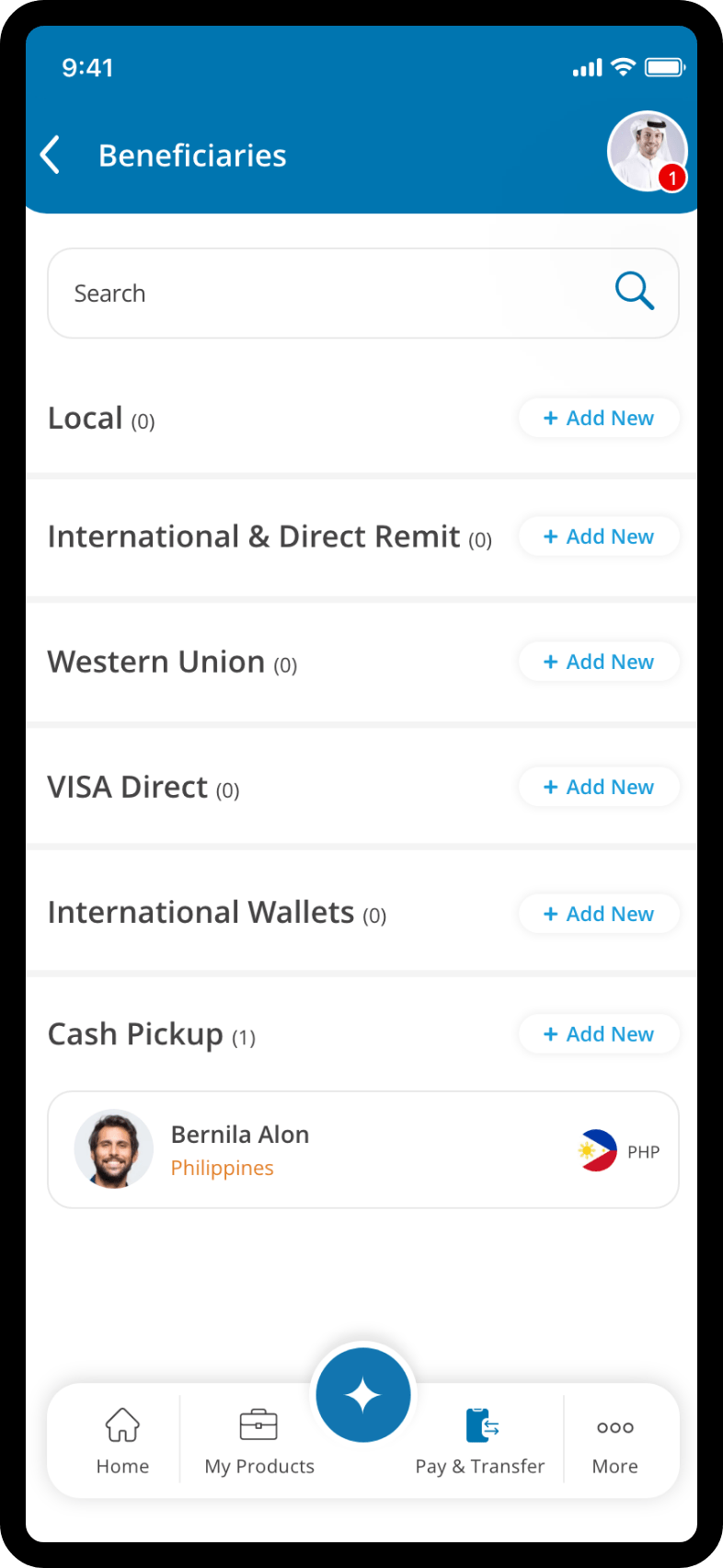 Mobile app screen showing transfer options after activation, including international and local transfer methods.