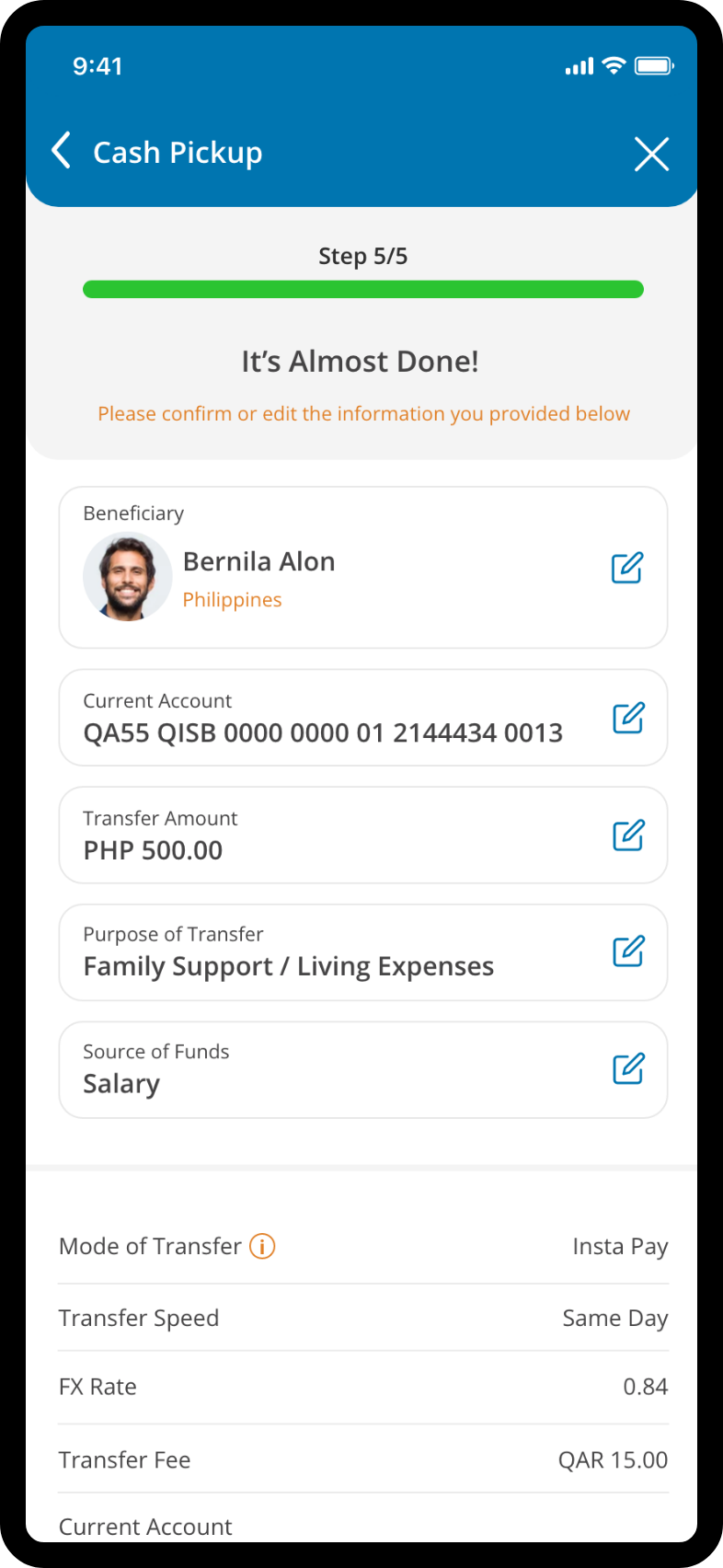 QIB Cash Pickup Transfer screen on a smartphone.
