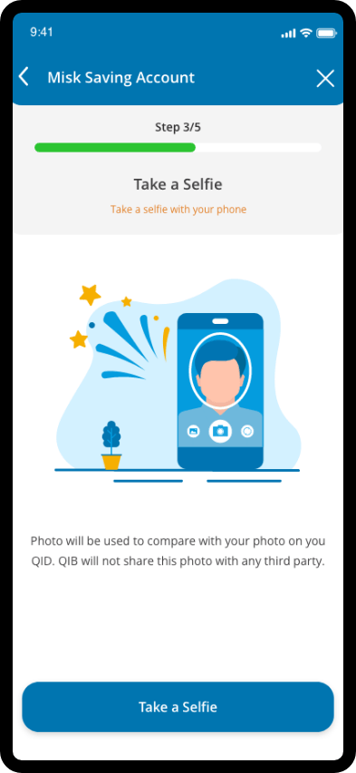 QIB app screen prompting the user to capture a selfie and provide an electronic signature.