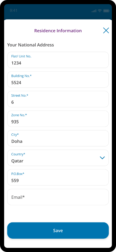 QIB app form screen requesting personal and contact details for account creation.