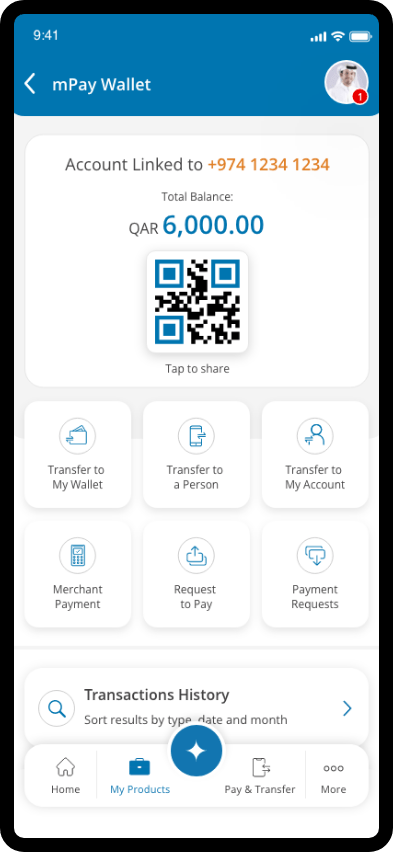 mPay app screen showing request-to-pay feature with QR code and payment request options.