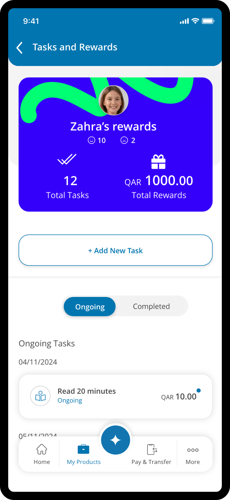 Mobile app screen showing an activities and tasks dashboard for a child account, with a balance amount at the top, a list of assigned tasks, and action buttons in a blue-and-white interface.