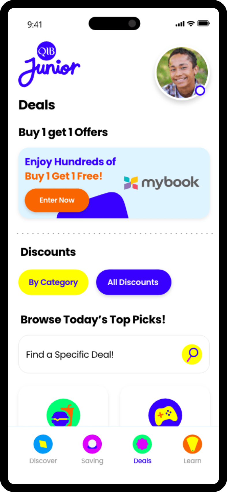 Mobile app screen highlighting an exclusive discount feature, showing available rewards, offers, and a user profile section, designed with colorful icons and a white background.