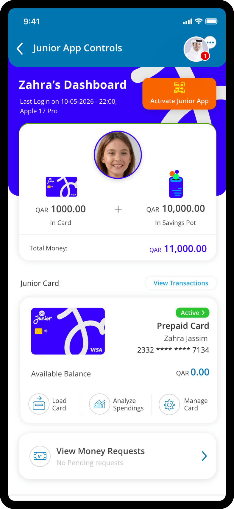 Mobile app screen displaying full parental insights, including spending summaries, account details, and activity tracking for a child, shown in a structured blue-and-white layout.