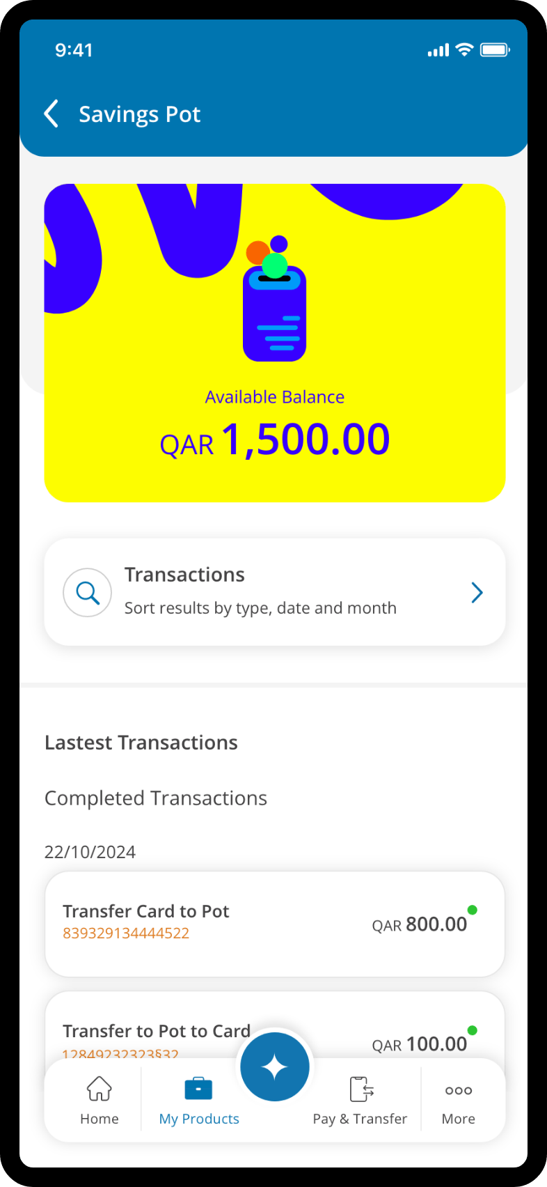 Mobile app screen showing a savings pot feature, with a savings balance displayed prominently, recent activity details, and a clean blue-and-yellow visual style.