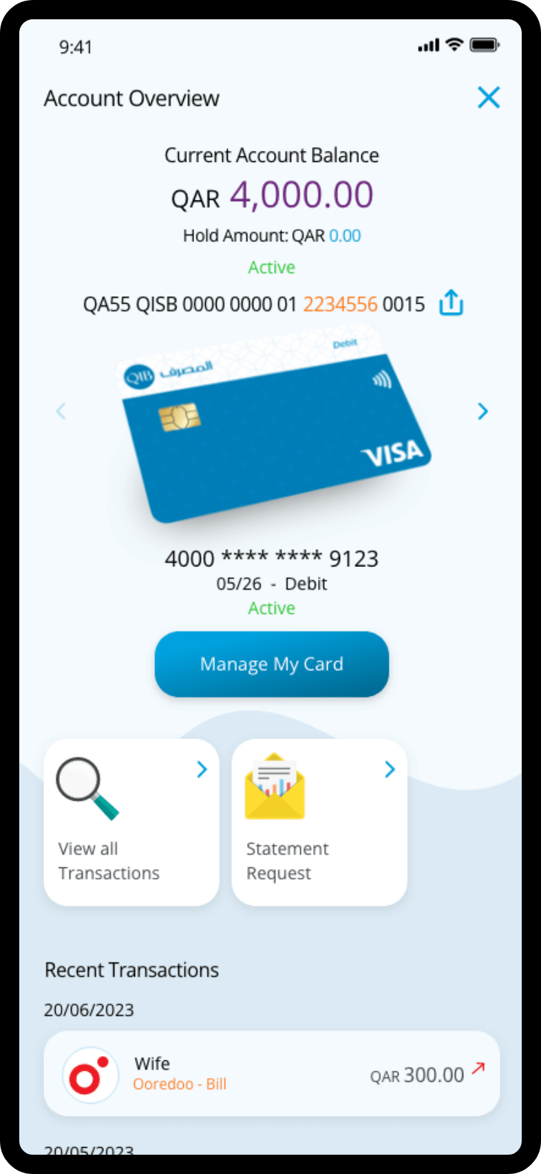 Mobile app screen showing account details, card info, balance summary, and quick actions.