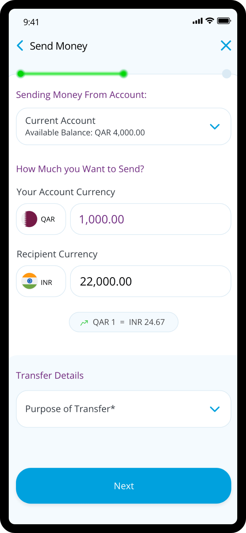 Mobile app screen showing real-time currency conversion with amount input and exchange rate.