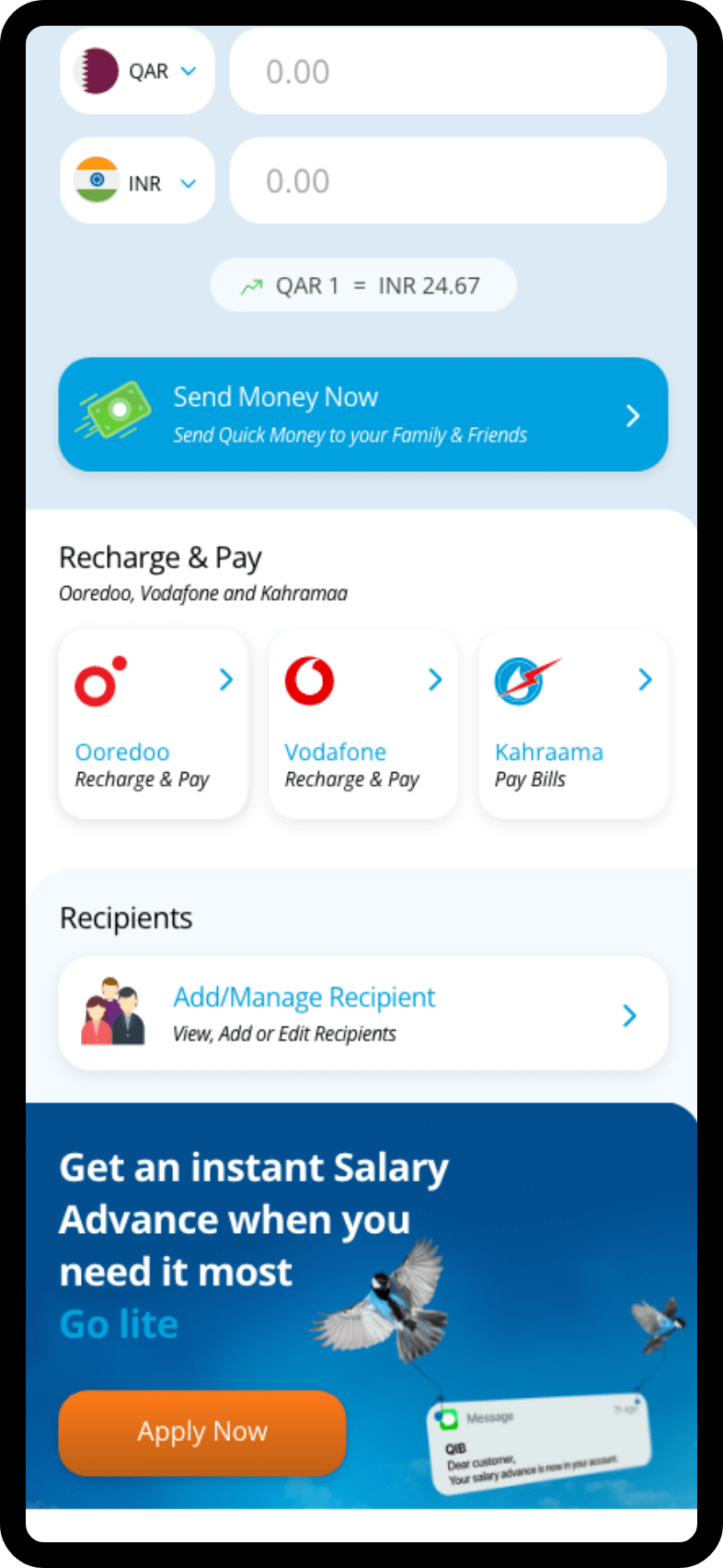Mobile app screen for salary advance requests showing eligibility, amount, and action buttons.