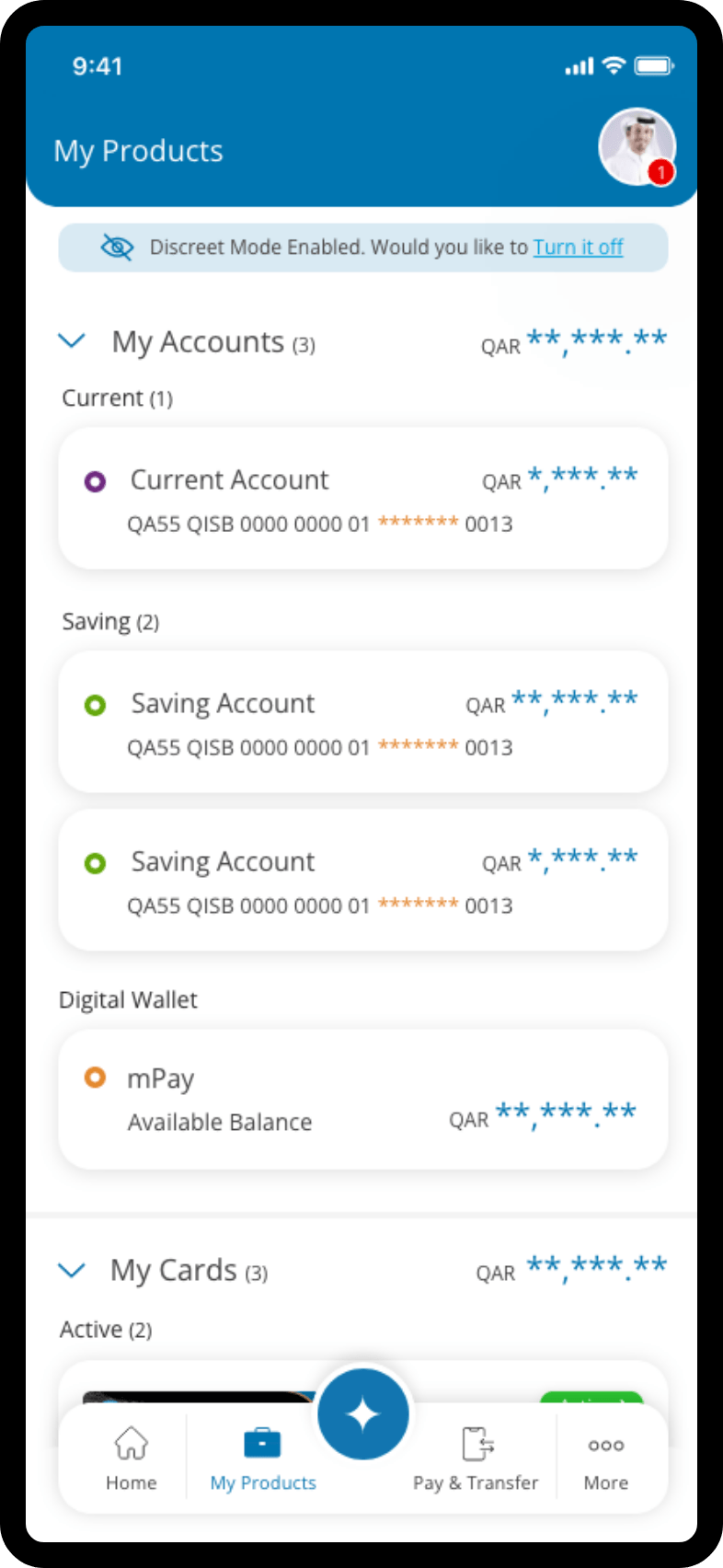 Mobile app screen showing discreet mode settings to hide balances and sensitive account details.