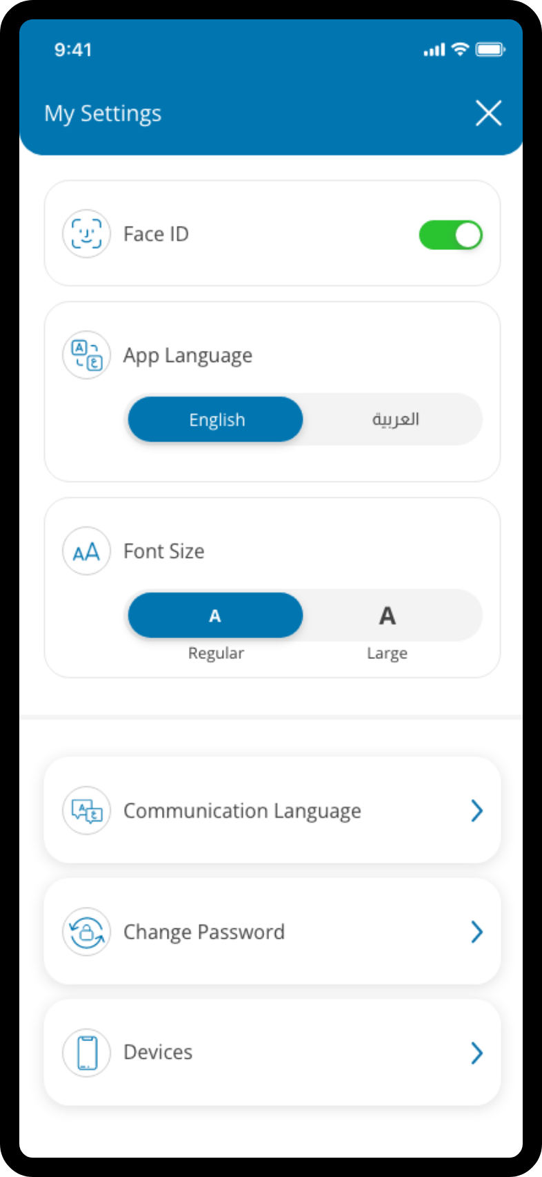 Mobile app screen showing language selection options with toggle controls for multiple languages.