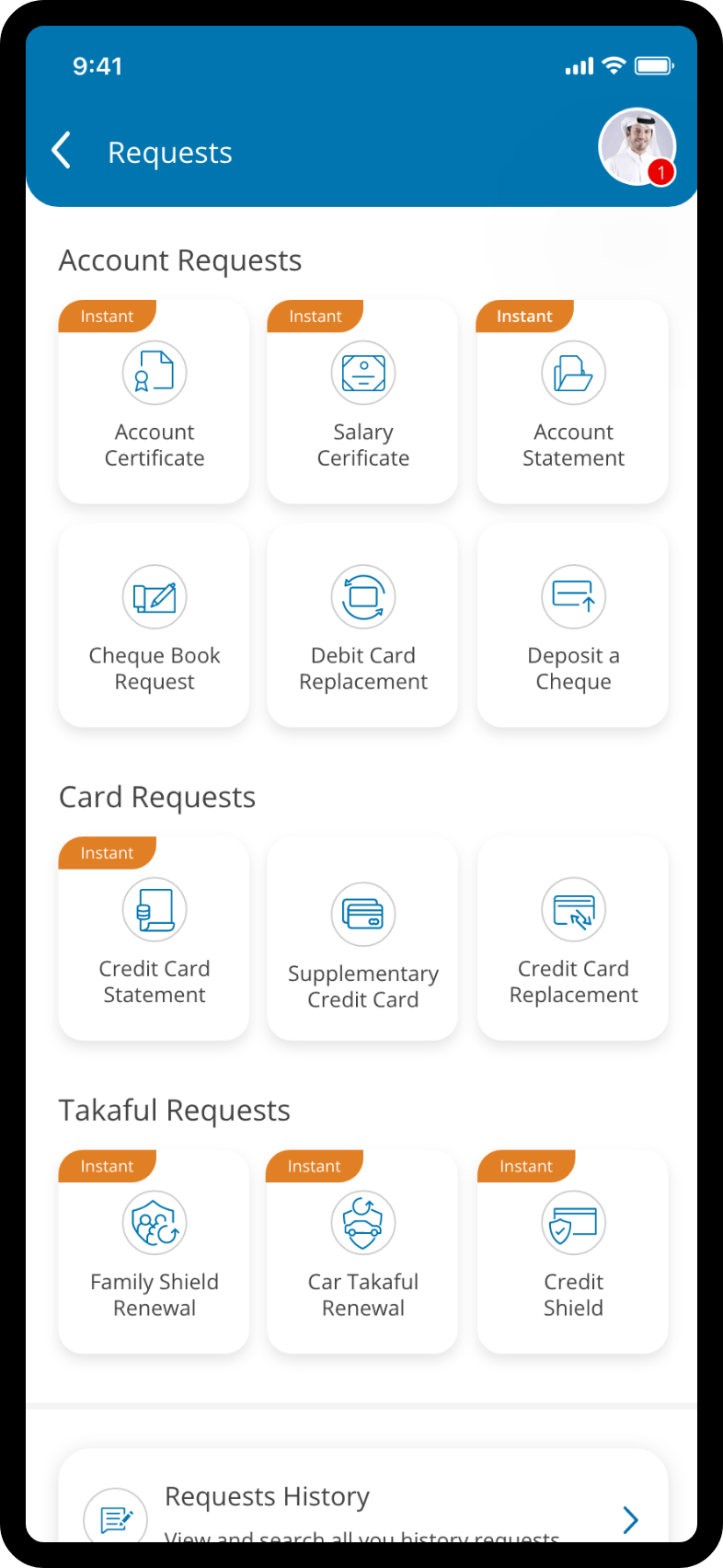 Mobile app screen showing quick submission options for requests and services in a grid layout.