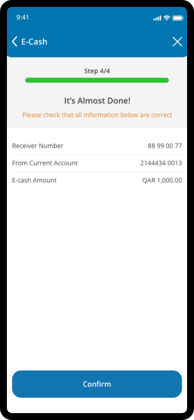 Confirm transaction and receive confirmation message.
