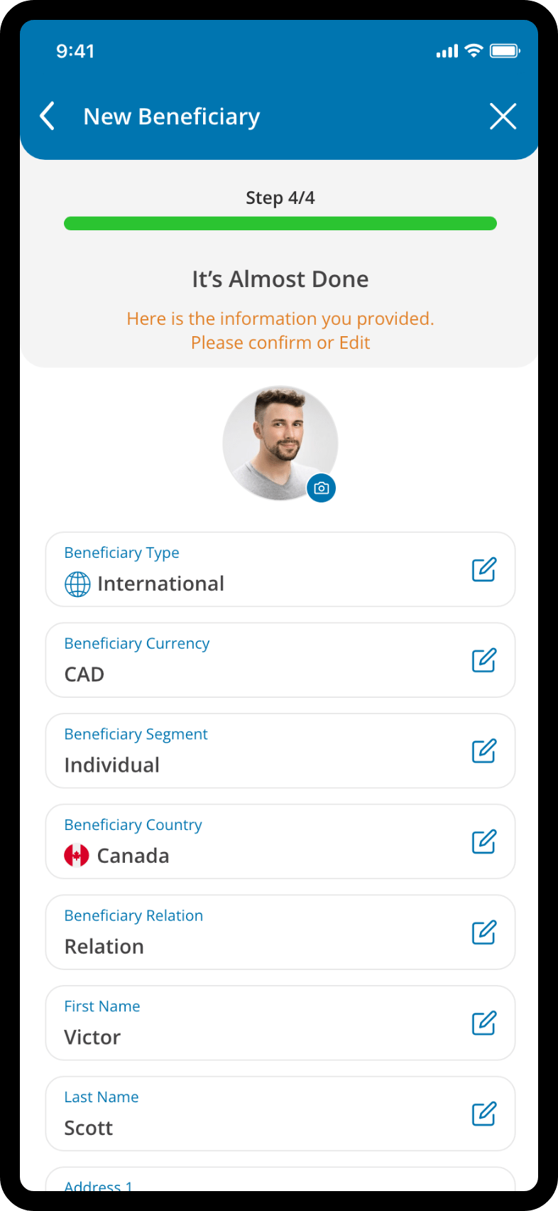 Add beneficiary screen with beneficiary details, status message, and waiting period information.