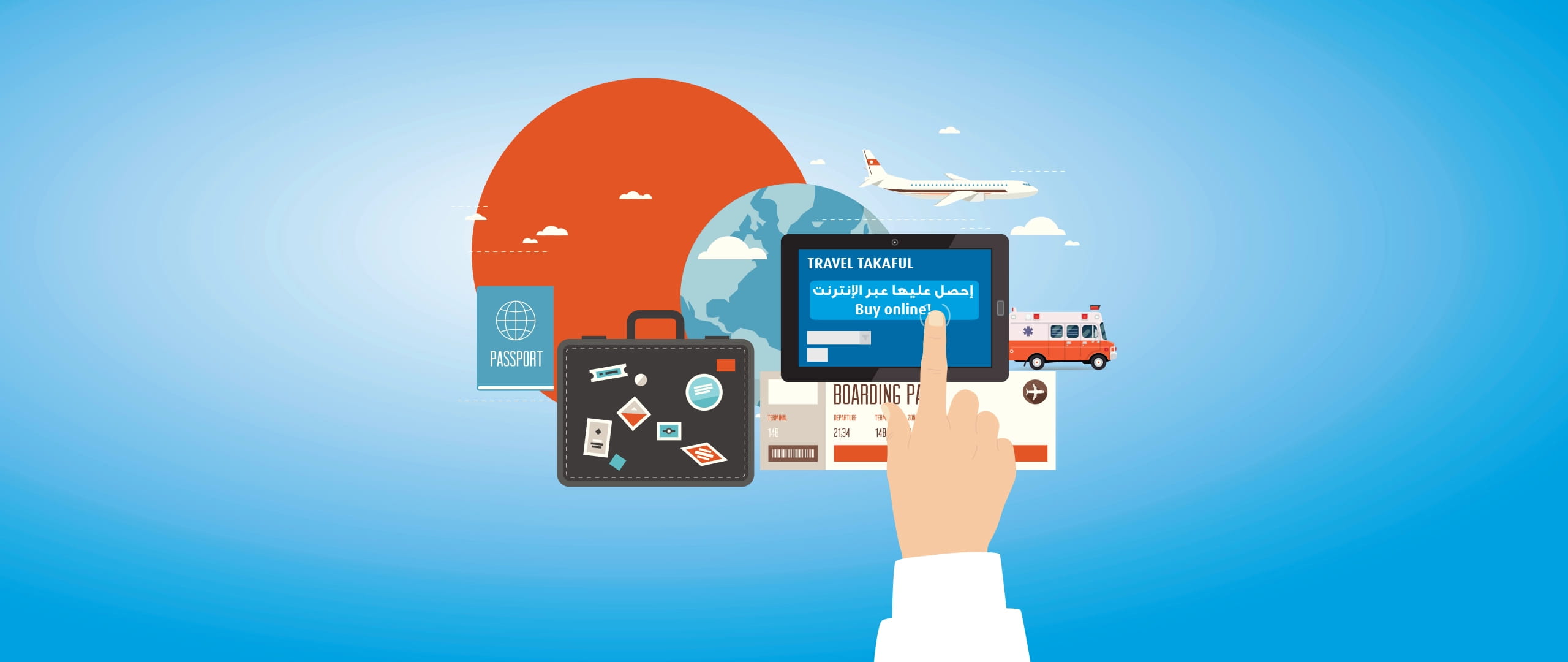 Banner promoting travel takaful insurance coverage.