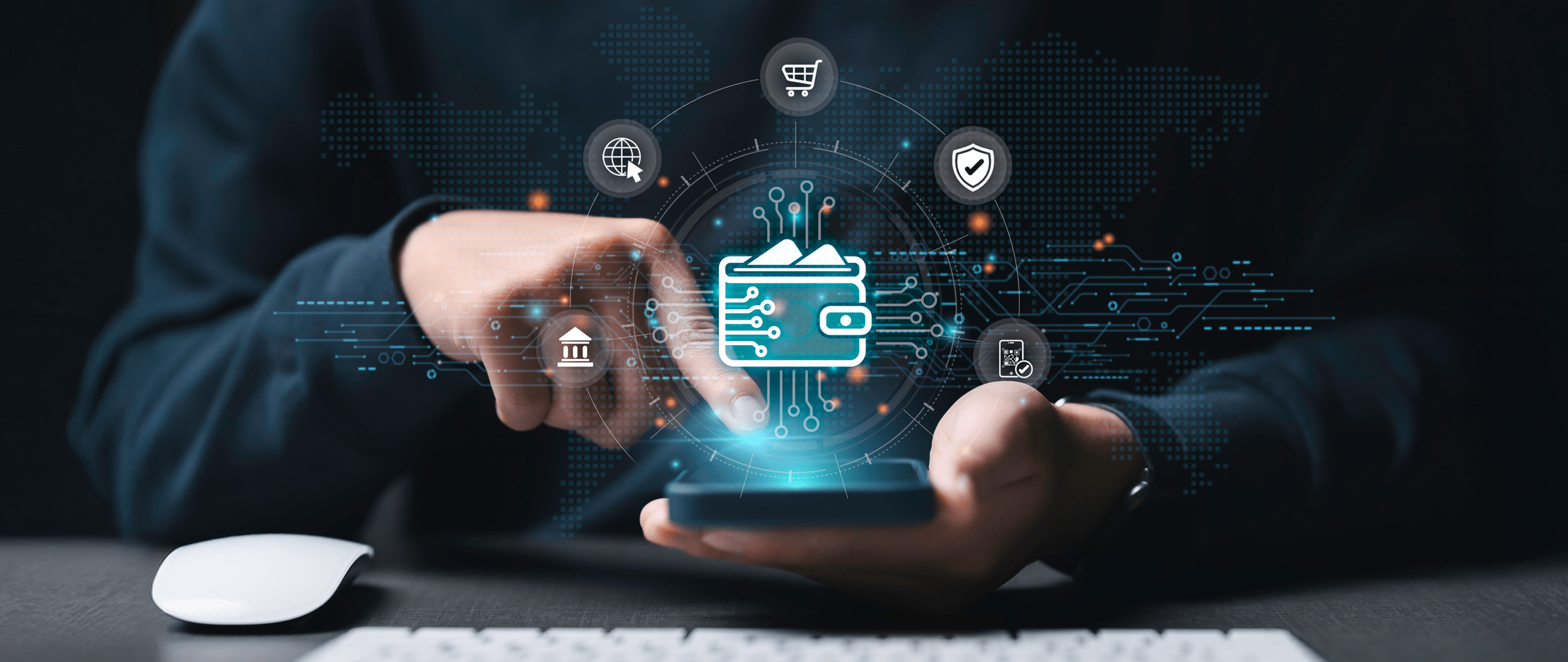 Smartphone showing QIB wallet screen while a contactless payment is made using a digital device.